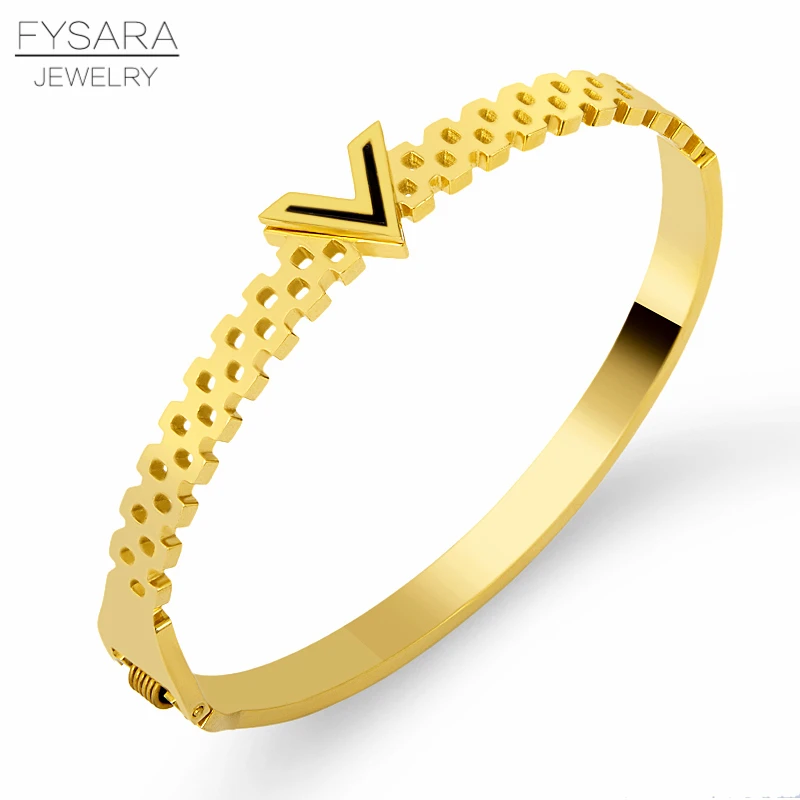 FYSARA Classic V Shape Letter Stainless Steel Bangles for Women Titanium Steel Cuff Bracelets Honeycomb Desgin Jewelry Gifts