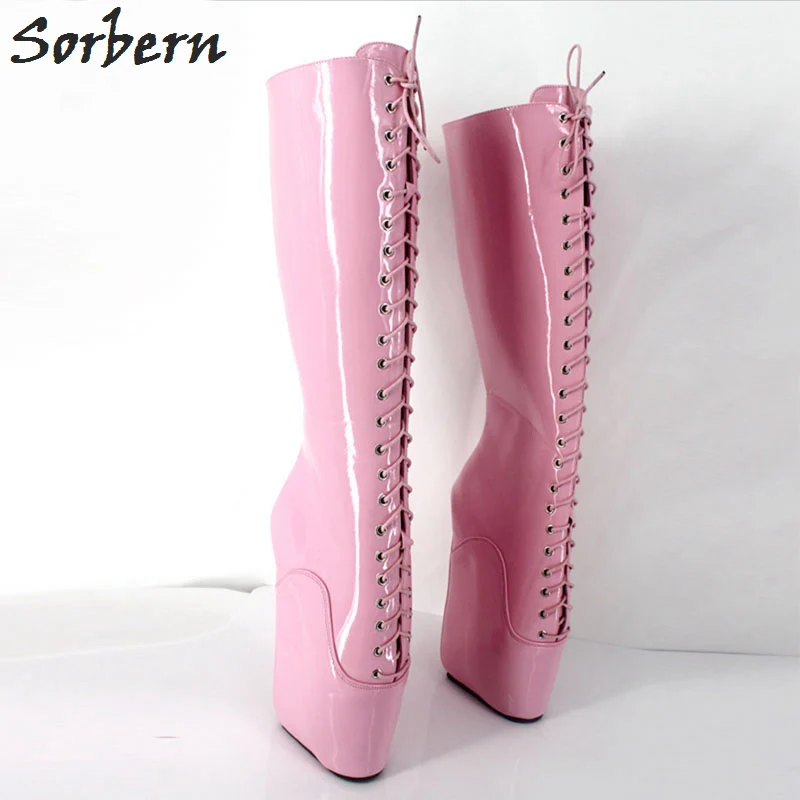 Sorbern Lace Up Cross-tie Boots Sex Fetish Shoes Custom Knee High Boots For Women 18CM Super High Heel Wedges Ballet Boots Women