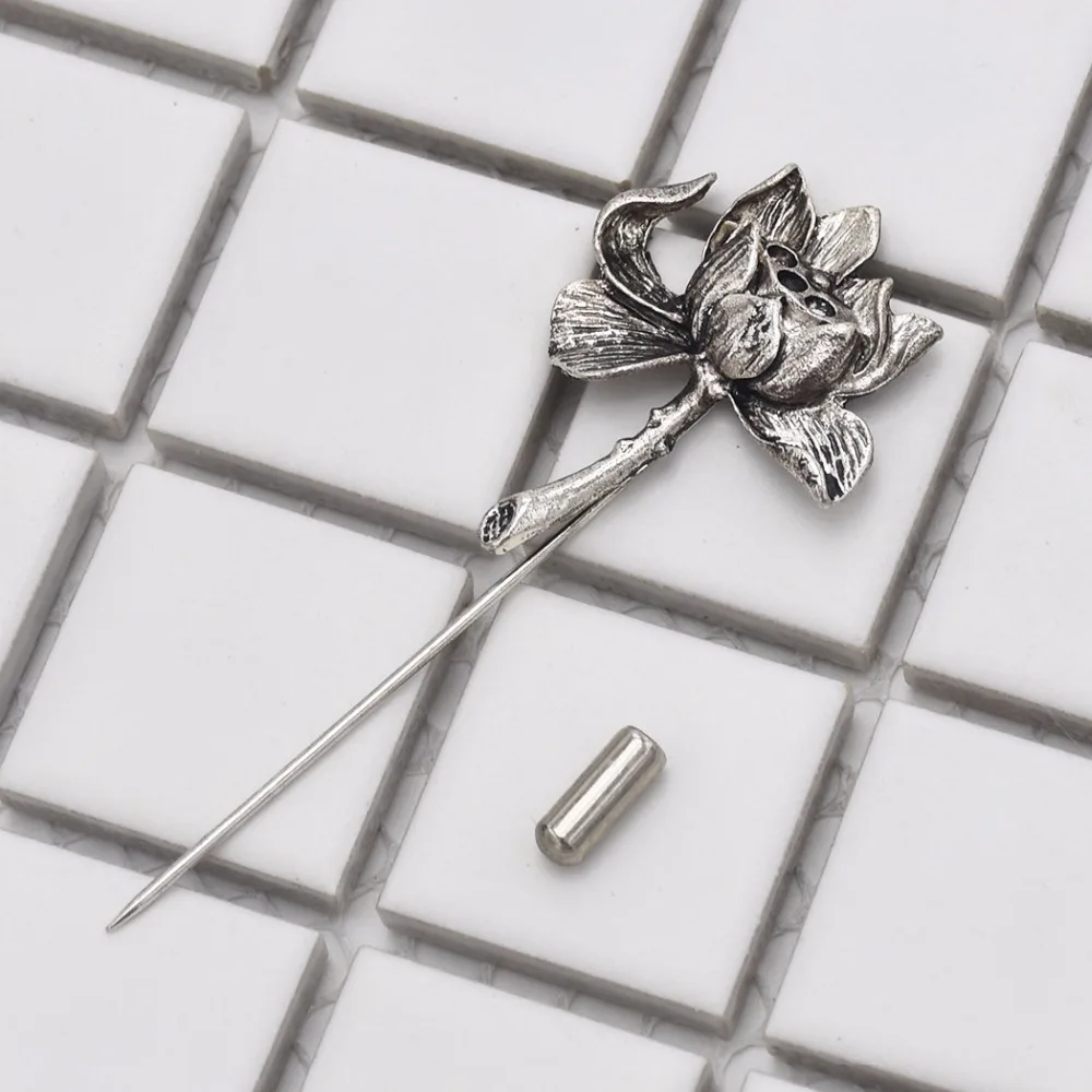 Vintage Gold Silver Color Lotus Pins Brooches For Women Long Flower Lapel Badge Men\'s Suit Collar Wedding Accessories Jewelry