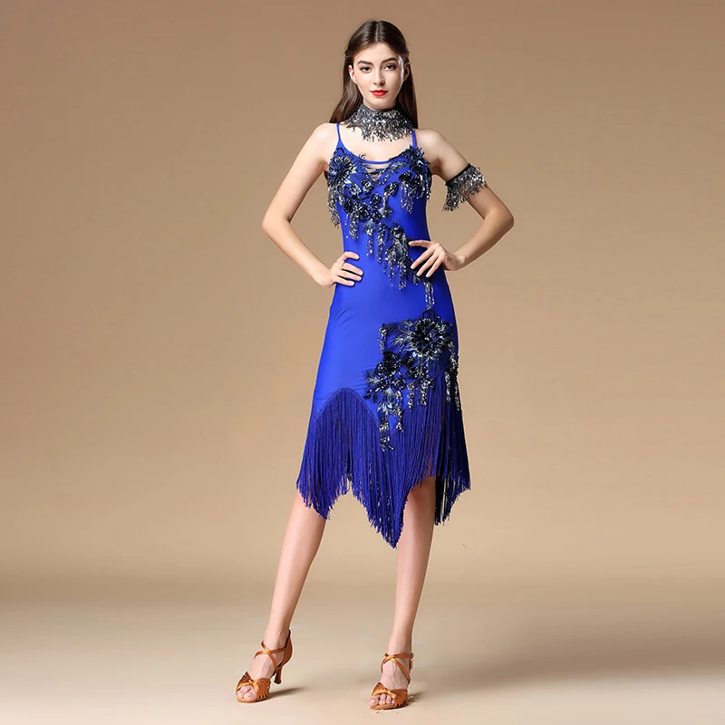 

2018 Women Competition Clothes Fringes Sequins Costume Straps Dresses Salsa Ballroom Dance Latin Dress (with Necklace & Armband)