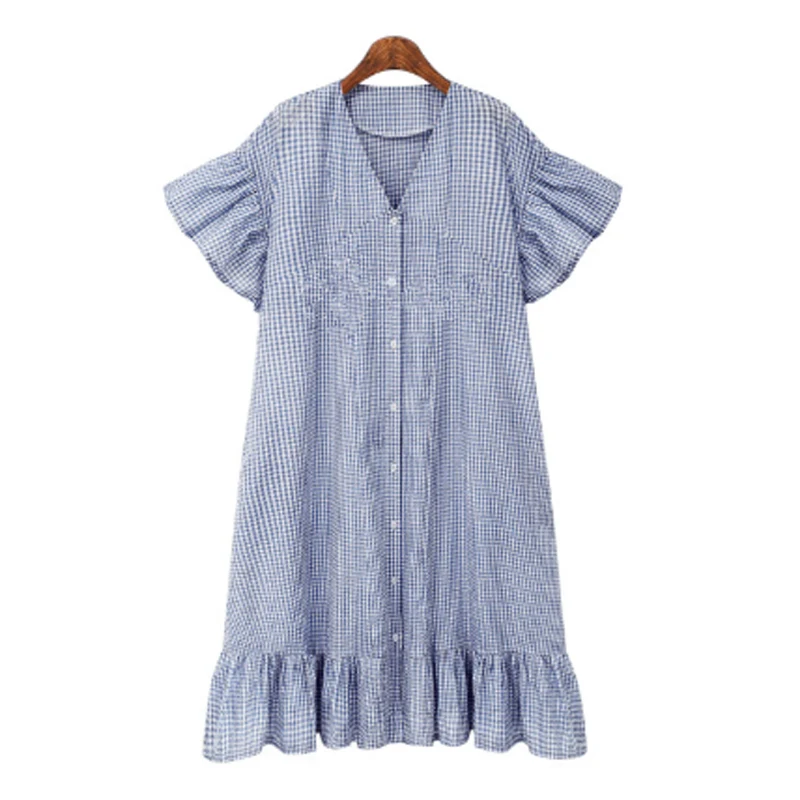 

Plus Size 5XL Women Dress 2022 Summer Dress Plaid Butterfly Sleeve Loose V-Neck Ladies Robe Elegant Button Female Vestidos KE091