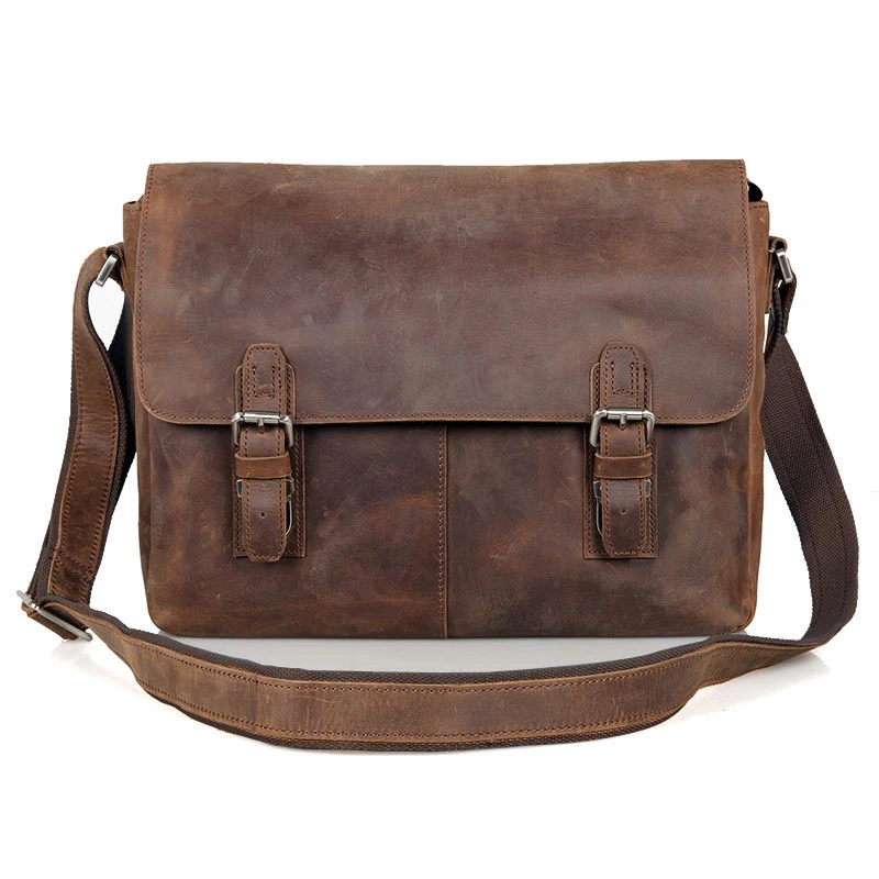 Vintage Crazy Horse Leather Men Shoulder bag Genuine Leather Messenger Bag men Crossbody Bag Sling Leisure Bag Casual Brown