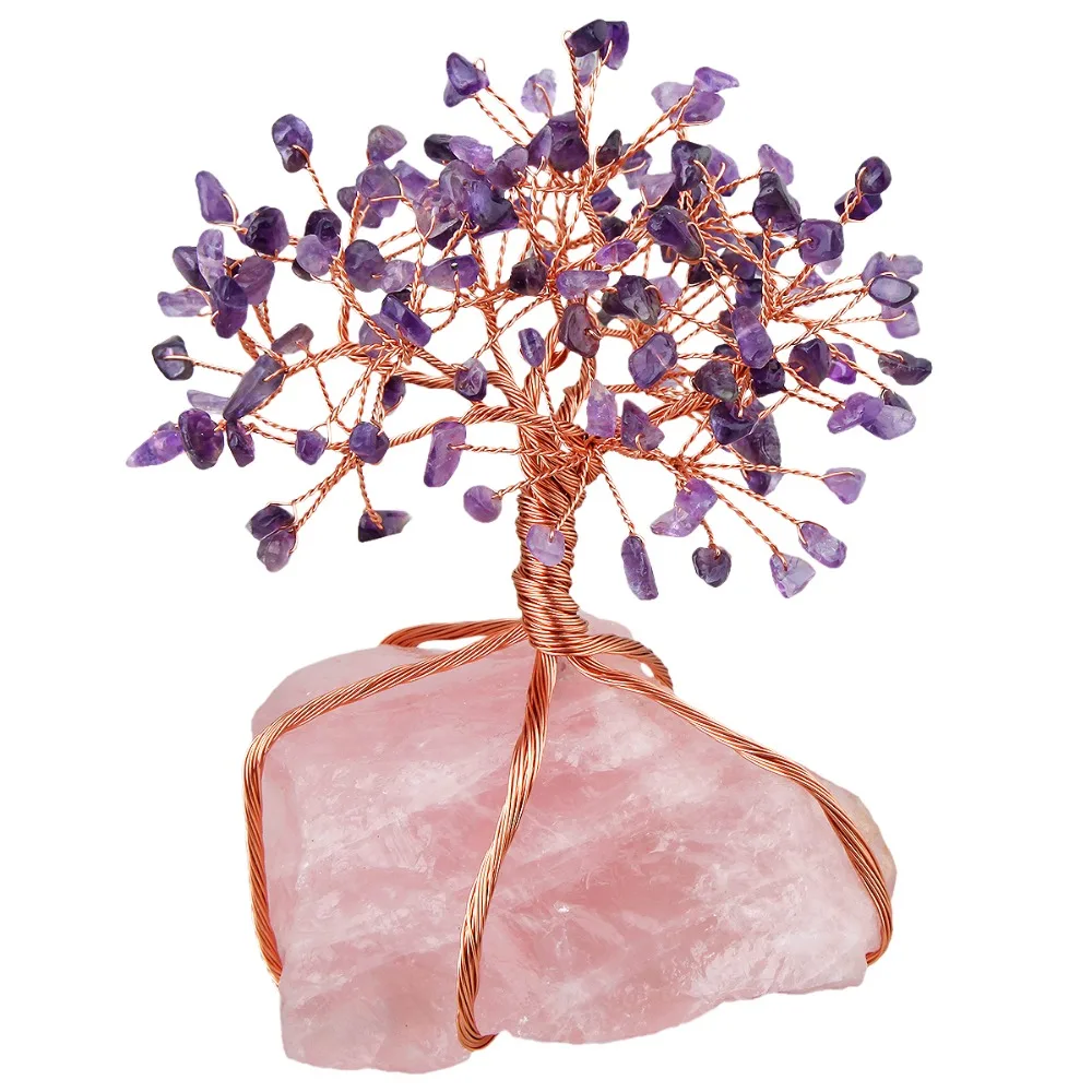 

TUMBEELLUWA Natural Rose Quartz Cluster Base Crystal Money Tree Bonsai Figurine for Wealth Luck