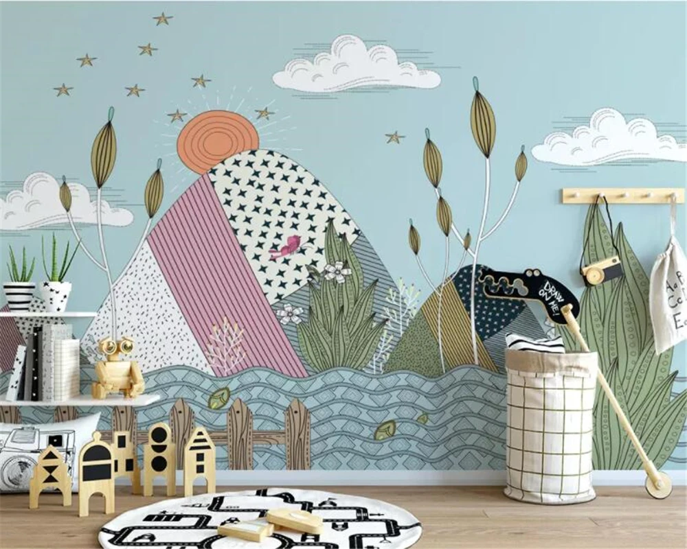 

Custom Children's Room Wall 3D Wallpaper Cartoon Nordic Minimalist Clouds Landscape Creative Illustration Kids Bedroom Decor