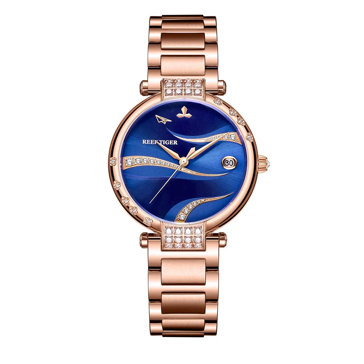 

Reef Tiger/ RT Calendar Luxury Fashion Watches Blue Dial Rose Gold Women Stainless Steel Bracelet Analog Automatic RGA1589