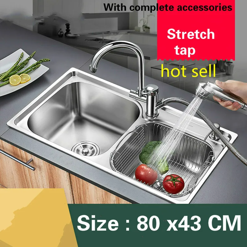 

Free shipping Food grade 304 stainless steel hot sell kitchen sink 0.8 mm thick ordinary double trough and stretch tap 80 x43 CM