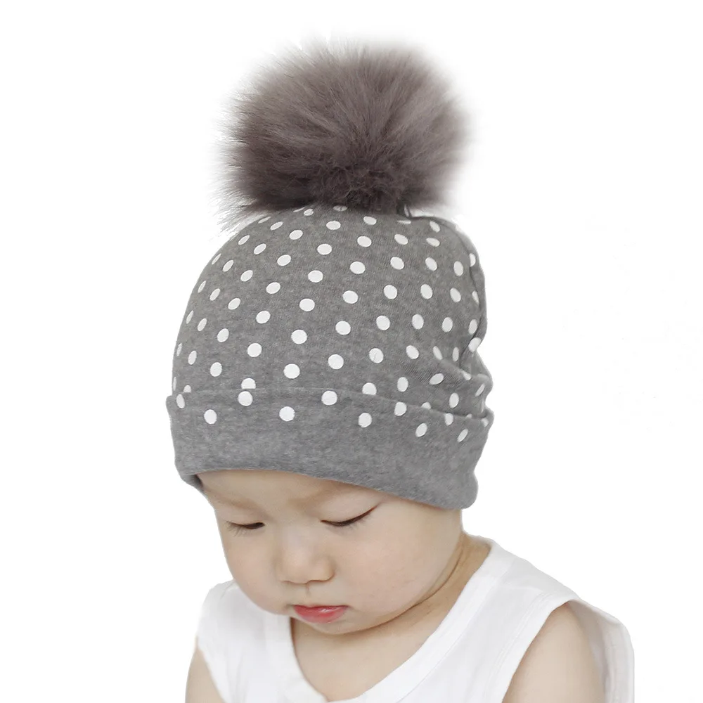 

Baby Dots Hat Crochet Faux Fur Baby Cap Cotton Pompom Bobble Hat For Kids Winter Children Girl Boy Wool Fur Caps Children's Hats