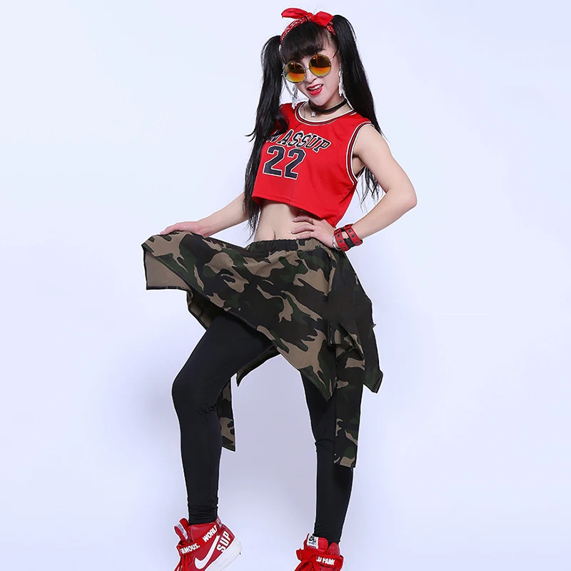 Women Street Dance Clothes Hip Hop Dance Costume Loose Vest Camouflage Pants Stage Rave Outfit Ballroom Jazz Costumes DT1062