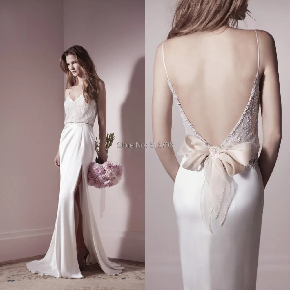 

Bridal Gown Sexy Spaghetti Straps V neck Backless Lace Beaded Belt Sheath Side Slit Chiffon Wedding Dresses