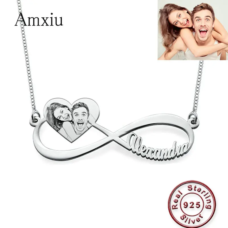 

Amxiu Custom Photo Name Necklace 925 Sterling Silver Necklace Bowknot Chokers Necklaces For Women Gift Engrave Picture Jewelry