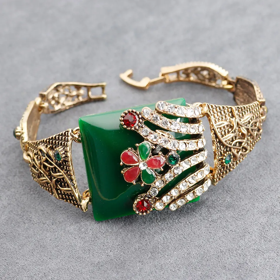 2020 Turkish Vintage Flower Cuff Bracelets For Women Resin Crystal Bangle Bohemia Pastoral Style Natural Stone Jewelry Wholesale