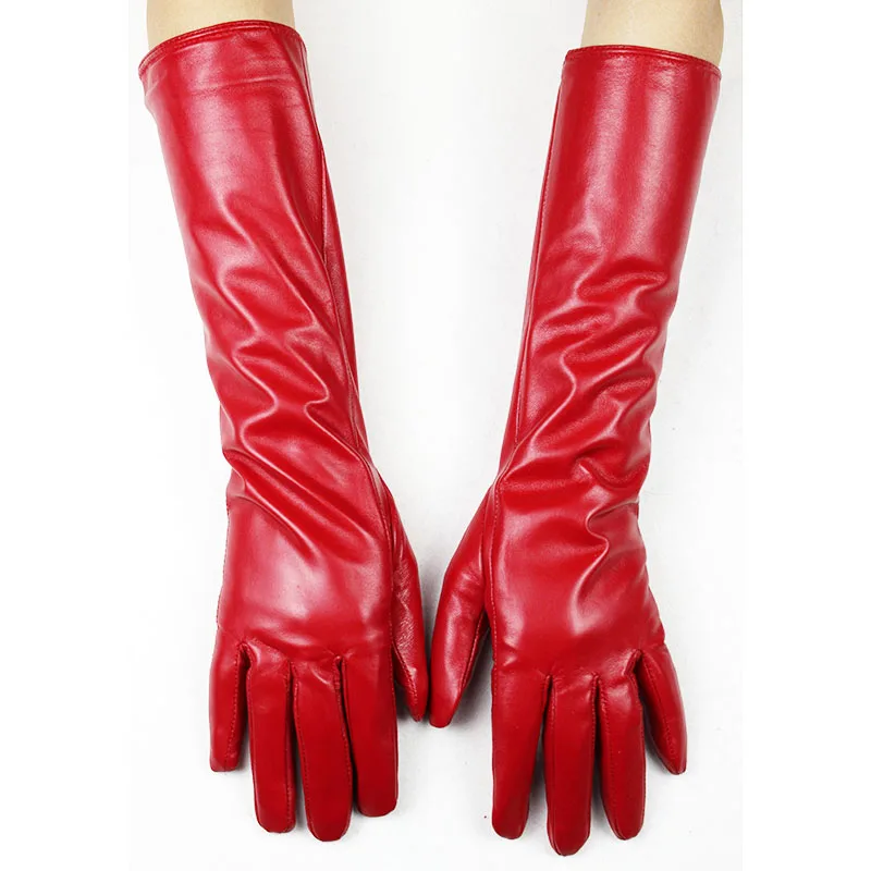 Gants en peau de mouton de 38 CM de Long pour femmes, en cuir de couleur, à la mode, avec doublure en velours pour rester au chaud en automne et en