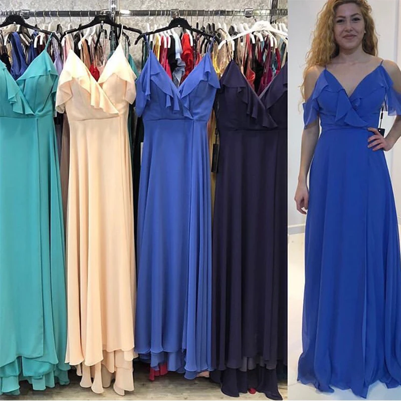 2019 Hot Royal Blue Champagne Bruidsmeisje Jurken Spaghettibandjes Ruches Lange Jurken Chiffon Vrouwen Bruidsmeisje Gown