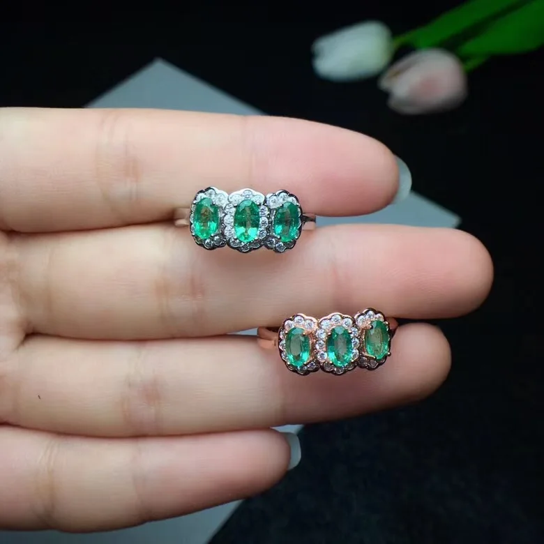 Emerald ring Free shipping Natural real emerald 925 sterling silver 3*5mm 3pcs Fine jewelry