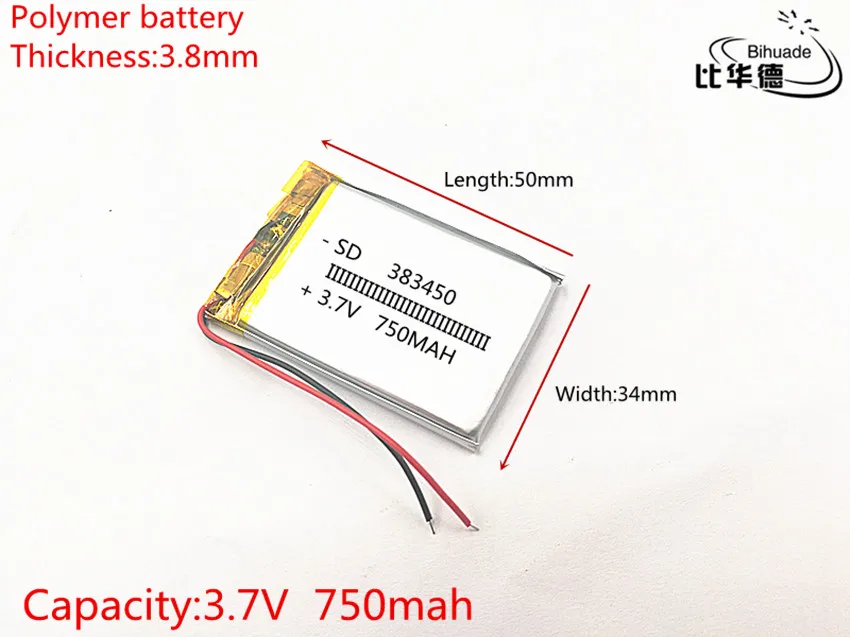 10pcs/lot 3.7V,750mAH,383450 PLIB; polymer lithium ion / Li-ion battery for GPS,mp3,mp4,mp5,dvd