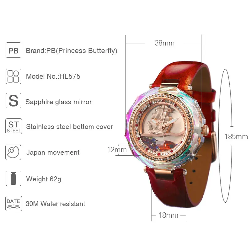 Бренд Princess Butterfly, часы женские с кристаллами, рыбий поток, песок, парусник, циферблат, водонепроницаемые, кожаный ремешок, кварцевые часы наручные