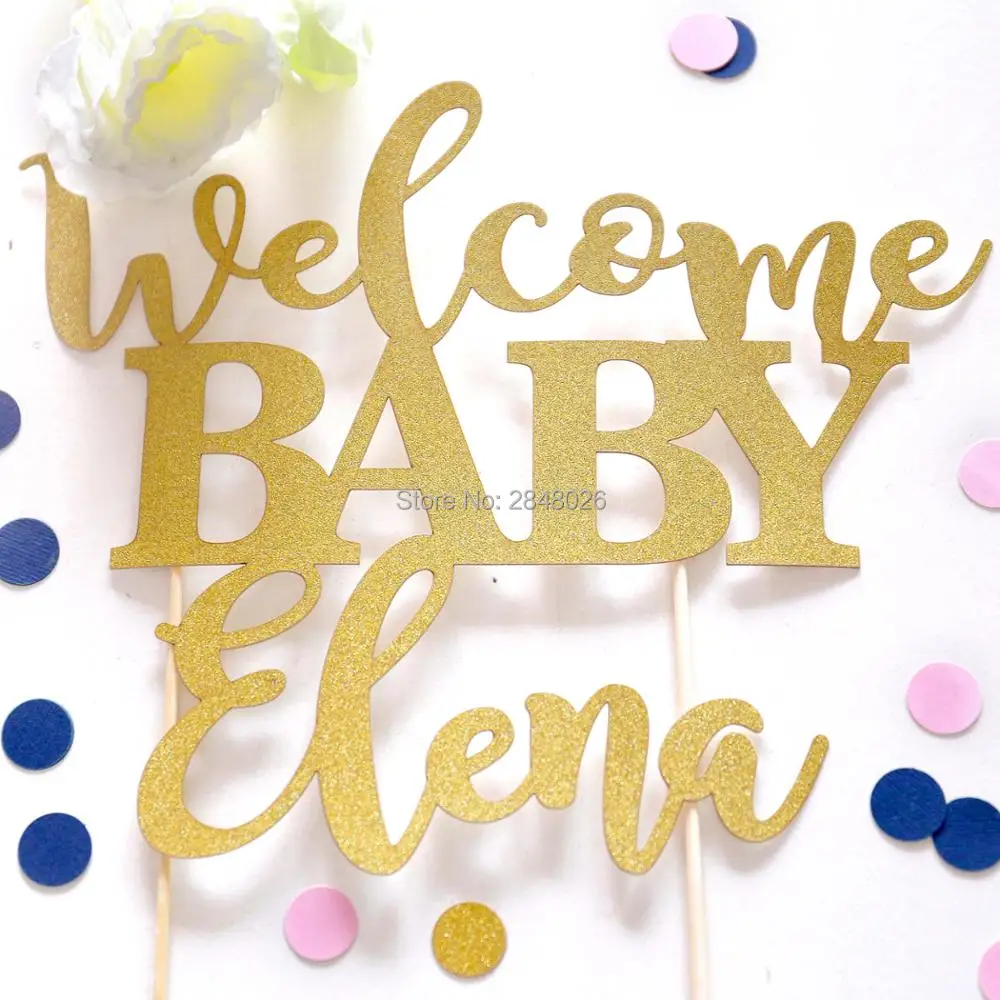 Welcome Baby Cake Topper, Gold Baby Shower Cake Topper,  Personalized Cake Topper,