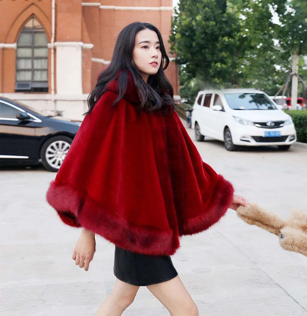 JaneVini New Hooded Short Fur Wrap Women Burgundy Bridal Shawl Faux Fur Bolero Black Party Wedding Coat with Hat Cape Chal Boda