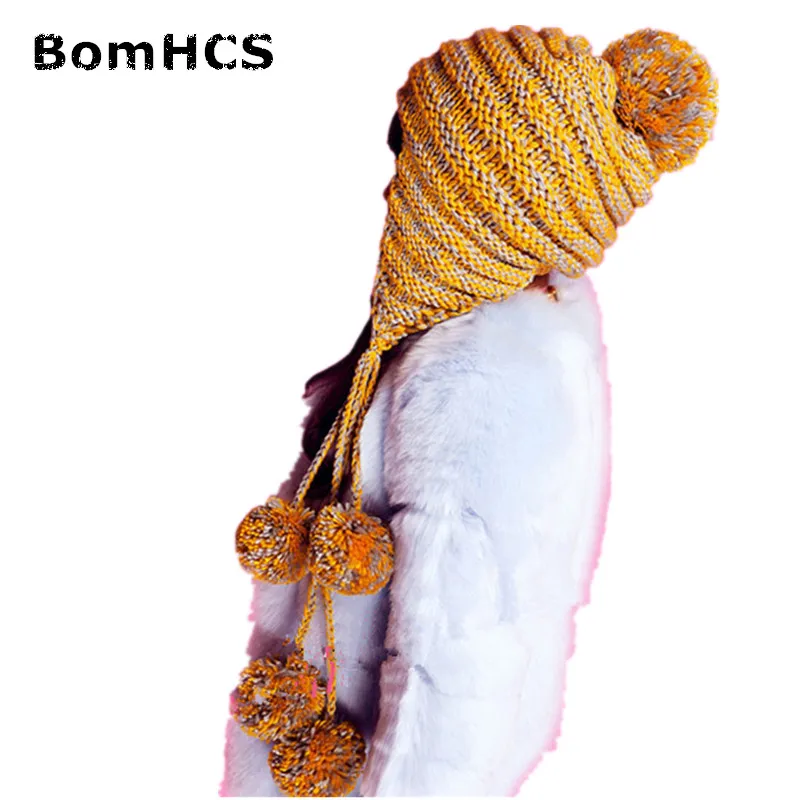 BomHCS New Fashion Designer Beanies Winter Hat with Ears Warm Beanie Girl Hats with 9 Poms