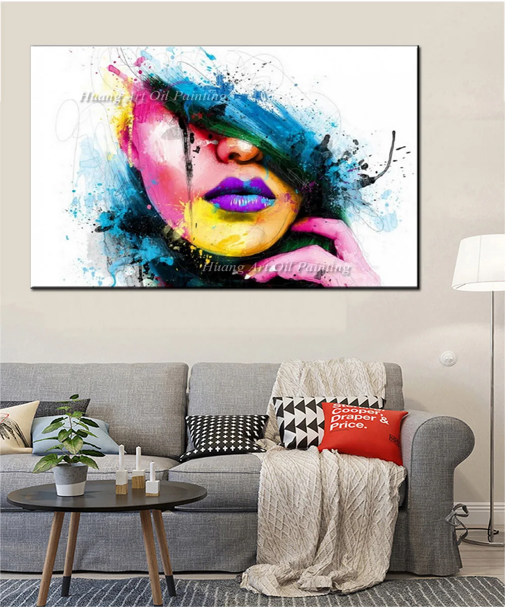 Wall Art Large Fashion Painting on Canvas Women Face Picture Hand Painted Colorful Sexy Girl Abstract Figures Oil Painting image 4