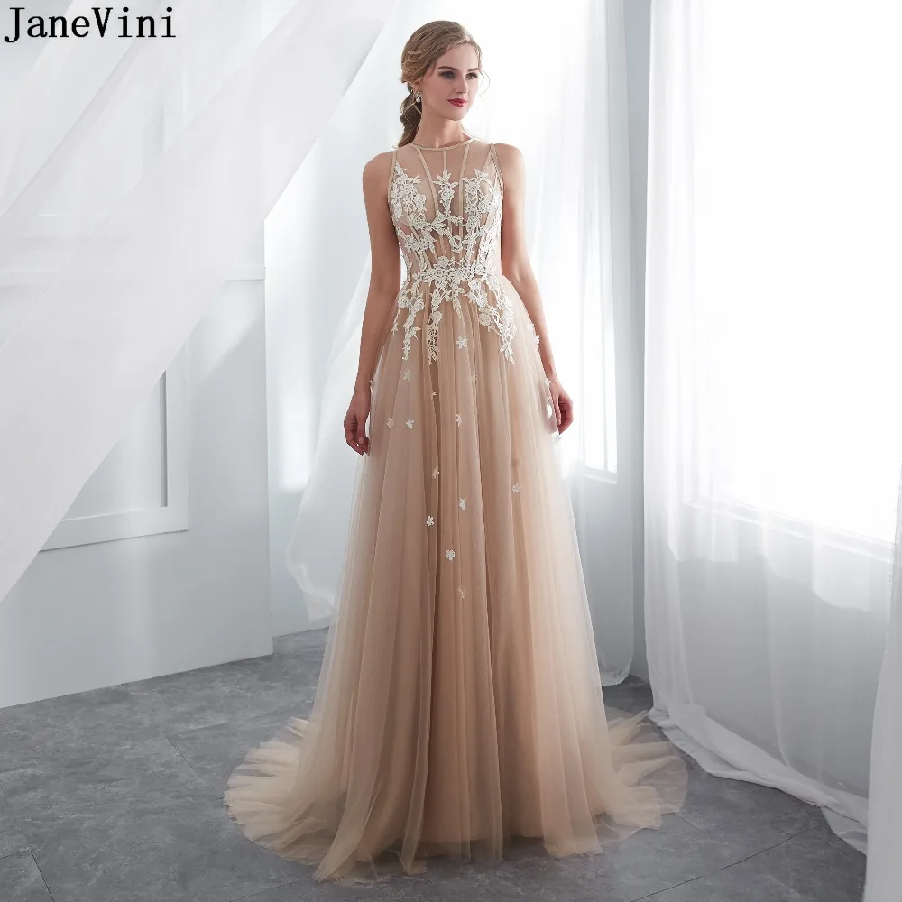 

JaneVini Elegant Champagne Tulle Long Bridesmaid Dresses Lace Applique Sheer Back A Line Plus Size Formal Prom Dress Sweep Train