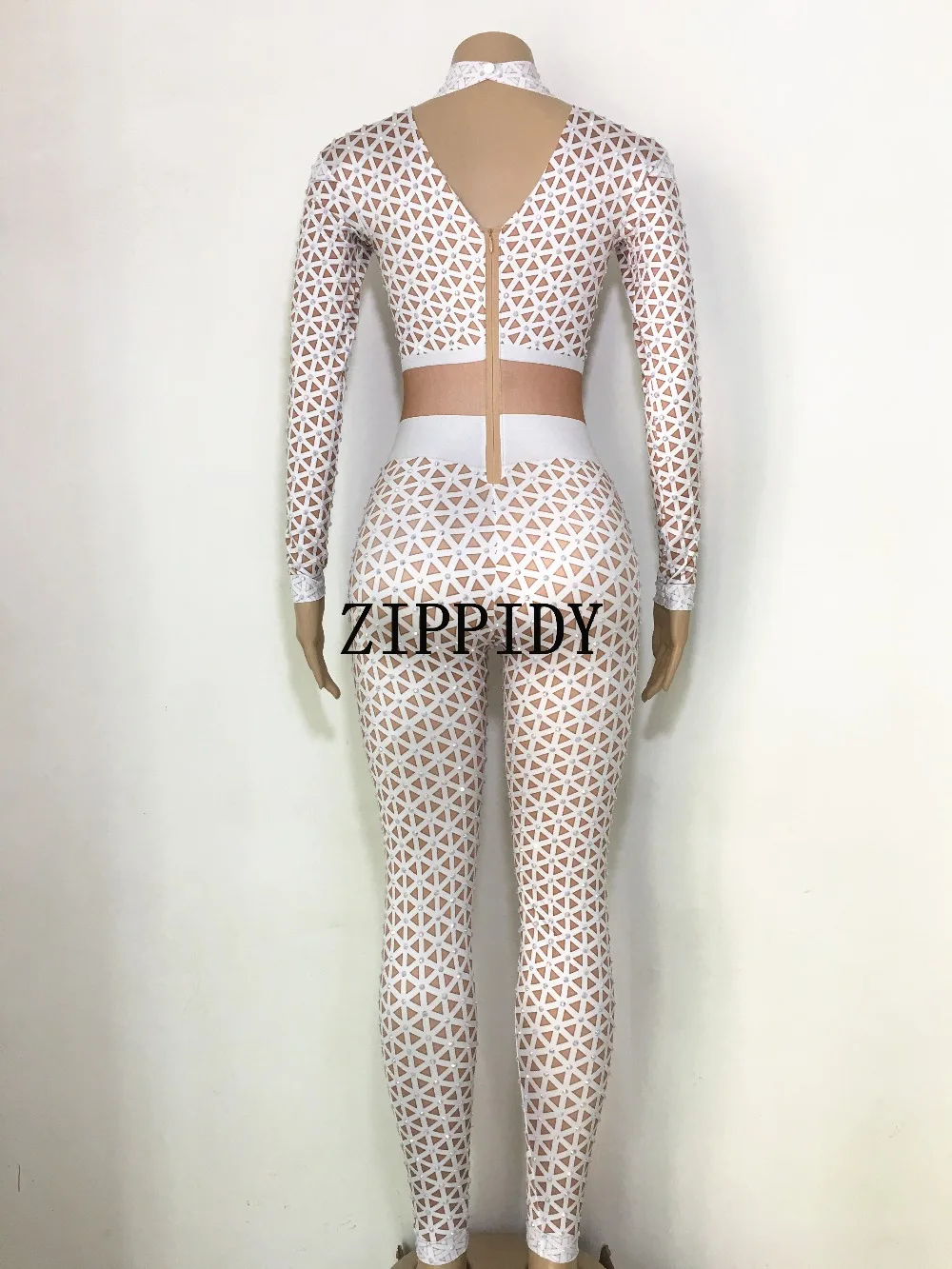 สีขาวรูปแบบเรขาคณิต Rhinestones Nude Jumpsuit ใหญ่ยืด Leggings ผู้หญิงพรหมปาร์ตี้ไนท์คลับบาร์แสดงเซ็กซี่ Bodysuit