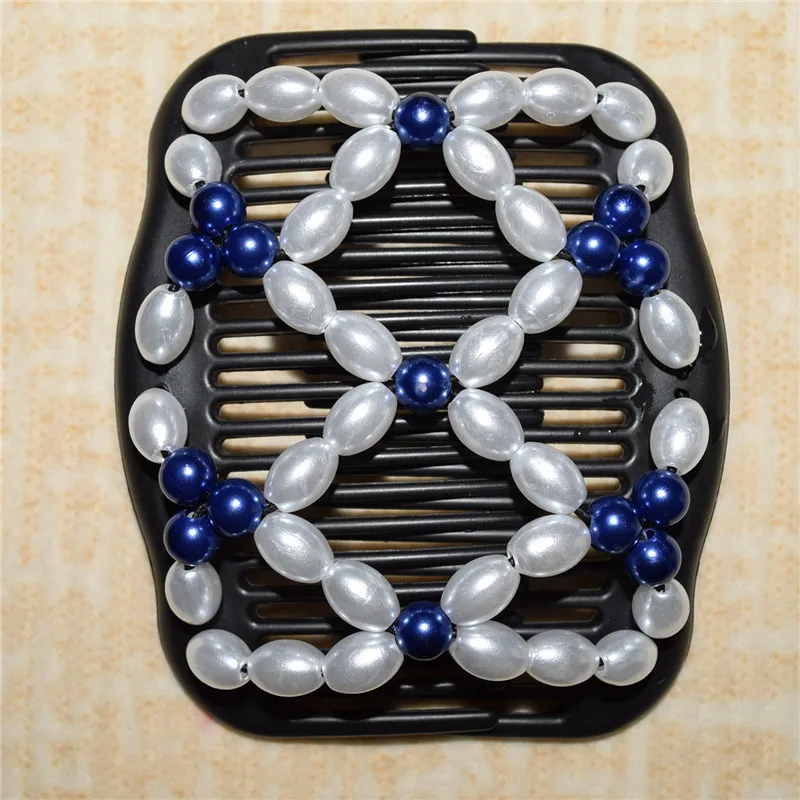 

20 PCS/LOT Blue and pearl hot sale elastic beaded double twin headwear magic hair comb clips for woman fashion jewlery