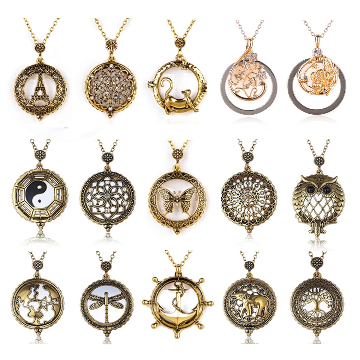 Hollow Magnifying Glass Necklaces Vintage Antique Gold  Necklaces  Pendant For Women Femme Link Chain  12 different styles