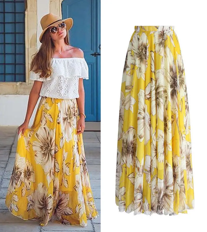 2017 New Arrivals Women Fashion Floral BOHO Chiffion Full Skirts Summer Sundress Ladies Beach Skirts Hot Sales