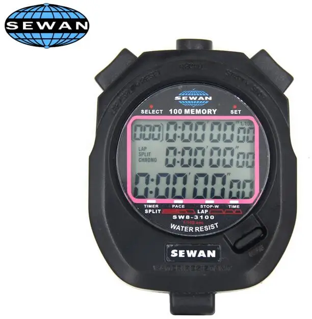 

SW8-3100 Digital Chronograph 1/100 second Sports stop watch Counter timer 3 row 100 memories Lap split