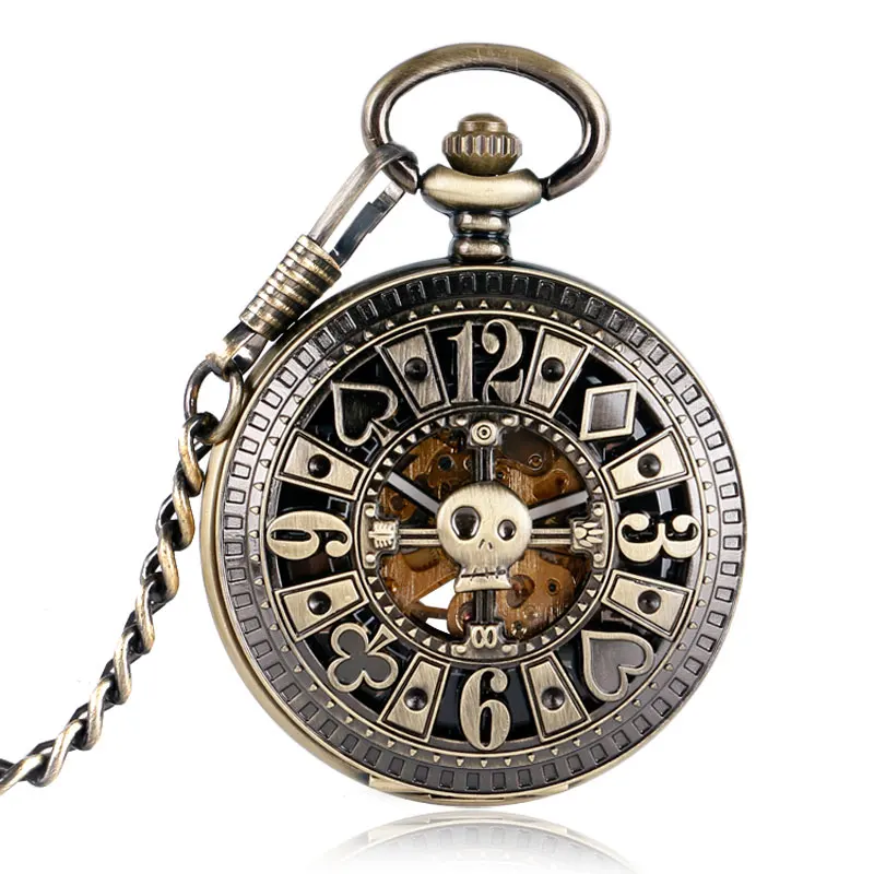 

Cool Skull Carving Pocket Watch Hollow Poker Deign Unique Mechanical Automatic Fob Watch With Chain Xmas Gift for Pocket Watch