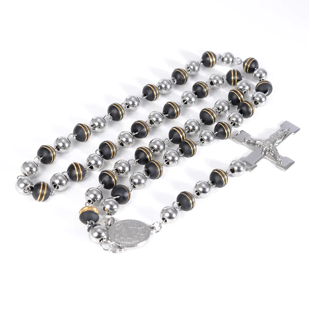 Rosario Chain 8mm Gold Color Stainless Steel Rosary Necklace Beads Link Trendy Sweater Chain Women Necklace PMMA Beads