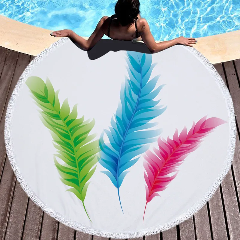 500g Colorful Feathers Printed Beach Towels for Women Diameter 150cm Microfiber Towel with Tassel Fringe Yoga Mat for Adult