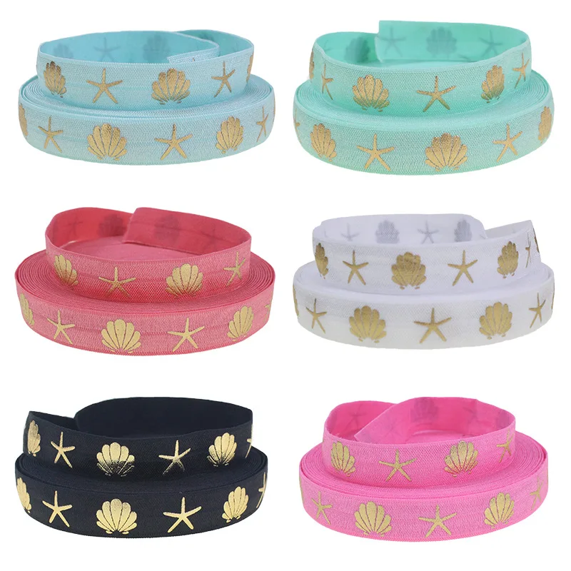 

5/8" gold foil shell starfish fold over elastic foe elastic for headband ties welcome custom printed