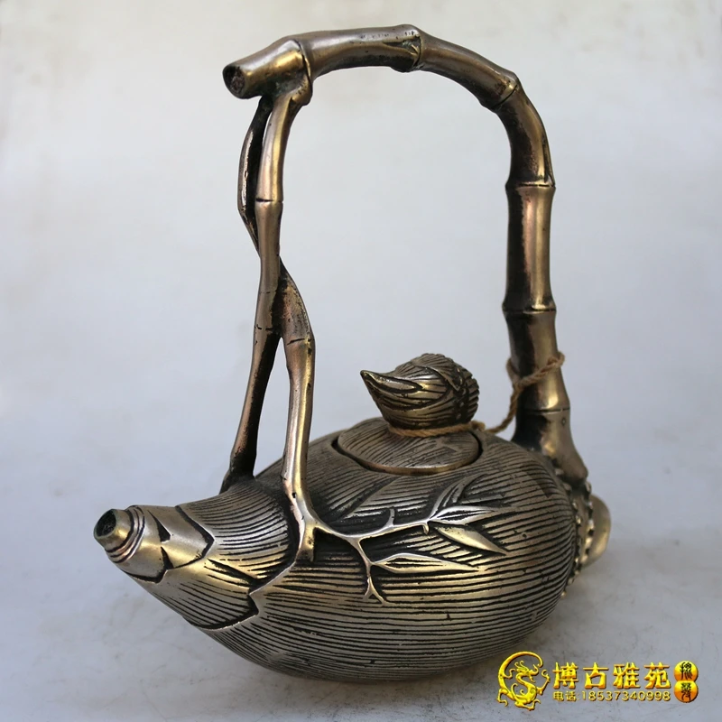 Imagem -02 - China Decoração Vintage Antiga Miao Estatueta em Formato de Bambu e Prata Bule de Metal Artesanato Pote de Vinho