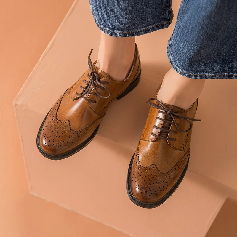 BeauToday Brogue Shoes Women Oxfords Lace-Up Genuine Cow Leather Handmade Wingtip Round Toe Flat Female Dress Shoes 2108626