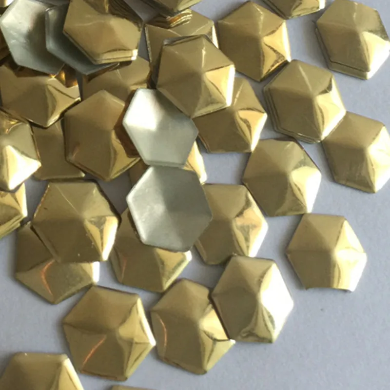 50pcs-1440pcs 10mm Gold Hexagonal Shape Hot Fix Studs Flat Back Iron on Rhinestuds Heat Transfer DIY For Garments Accessories