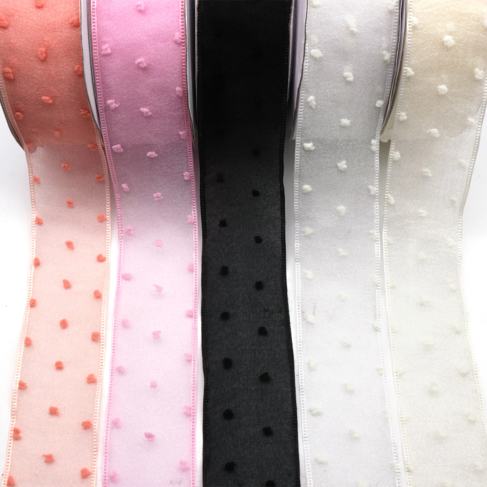 Dot Impresso Double Layer Organza Ribbon para embalagem e arco, materiais artesanais, acessórios DIY, decoração do casamento, 5 jardas, 40mm