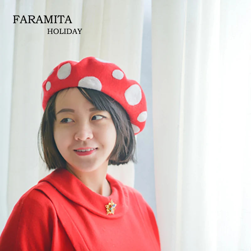 Faramita Holiday Red Poisonous Mushrooms Women Girls Hand Made Wool French Beret Hat Winter Hats Vintage Originality Berets