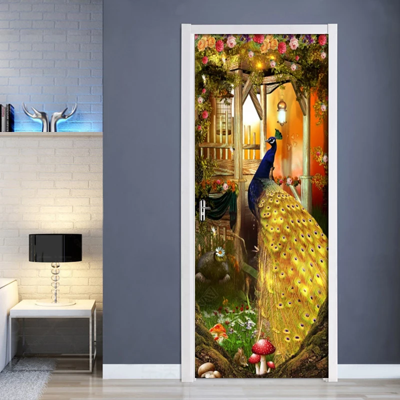 

2Pcs/Set 3D Creative Sticker Peacock Door Wall Sticker DIY Mural Bedroom Home Decor Poster PVC Waterproof Door Sticker Imitation