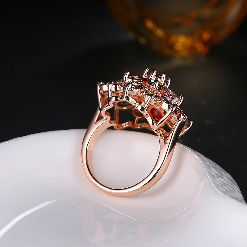 Emmaya Unique Design Top Sale Rose Gold Color Colorful AAA Zircon Wedding bijoux Flower Rings Jewelry For Women Gift Party