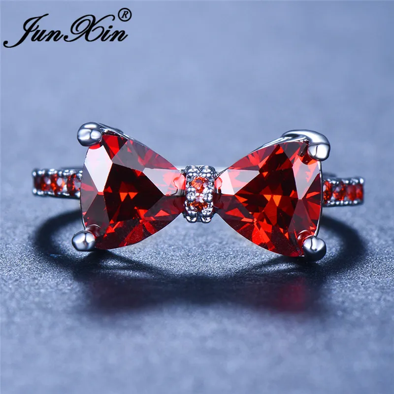 JUNXIN Female Crystal Bowknot Ring Silver Color Cute Minimalist Dainty Wedding Thin Rings For Women Red Blue Zircon Ring