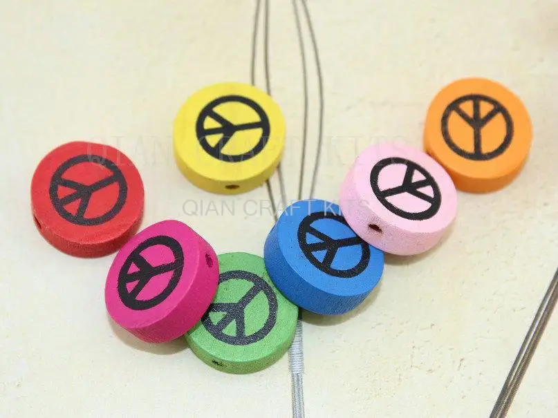 300pcs Peace Sign Symbol wood colorful 19mm Wooden beads Crafts round 3D block mixed color for DIY big beads