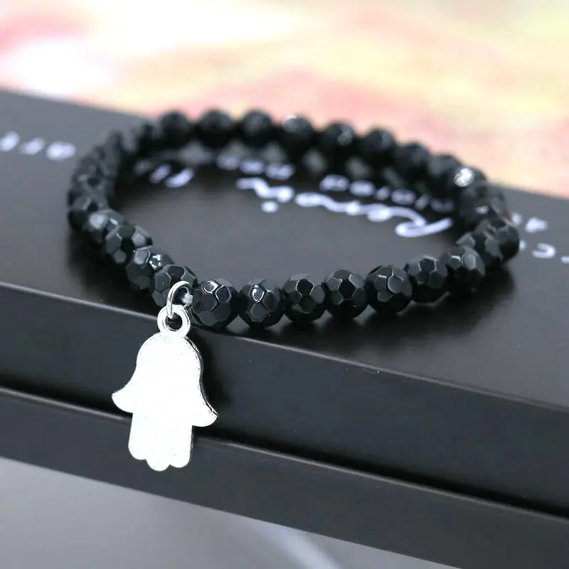 BPPCCR Cut Faceted Black Onyx Stone 6mm Silver-color Alloy Zircon Hamsa Hand Men Women Chakra Lucky Fatima Bracelets Pulseira