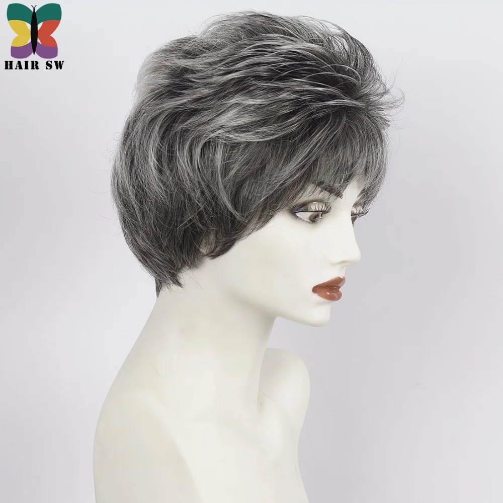 RAMBUT SW Pixie cut wig berlapis Perak Abu-abu Pendek Lurus Berbulu gaya rambut dengan poni rambut Sintetis untuk wanita yang lebih tua