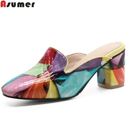 ASUMER moda colori punta quadrata scarpe basse da donna casual muli tacco quadrato pantofole da donna scarpe in vera pelle