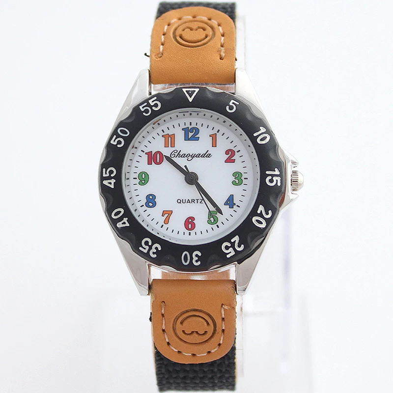 Black Fabric Strap Children Kid's Gift Boy Girl Student Learn Time Tutor Quartz Wristwatch U32H Kids watches time teaching gifts