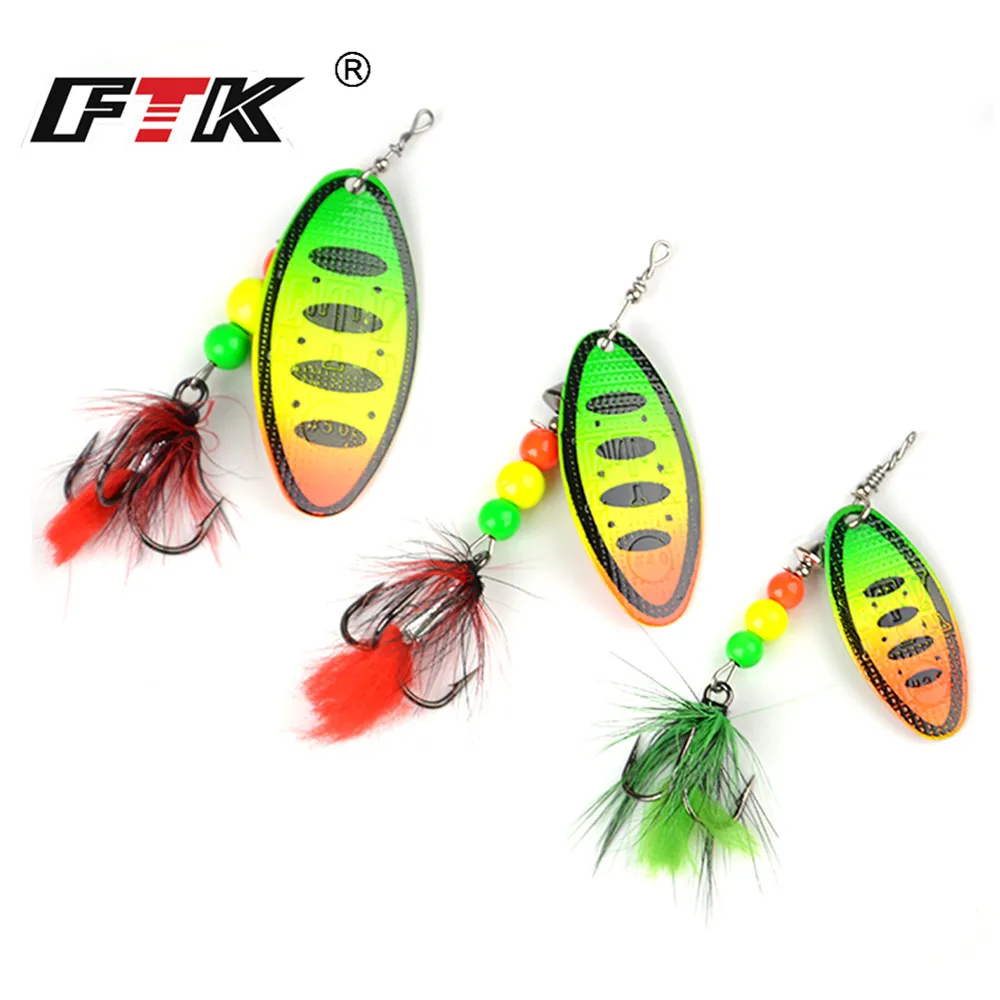 FTK Spinner Bait  Fishing Lure Hard Bait Spoon Lures 1pcs 8g 14g 20g Metal with Feather Treble Hooks Carp Pike Fishing Tackle