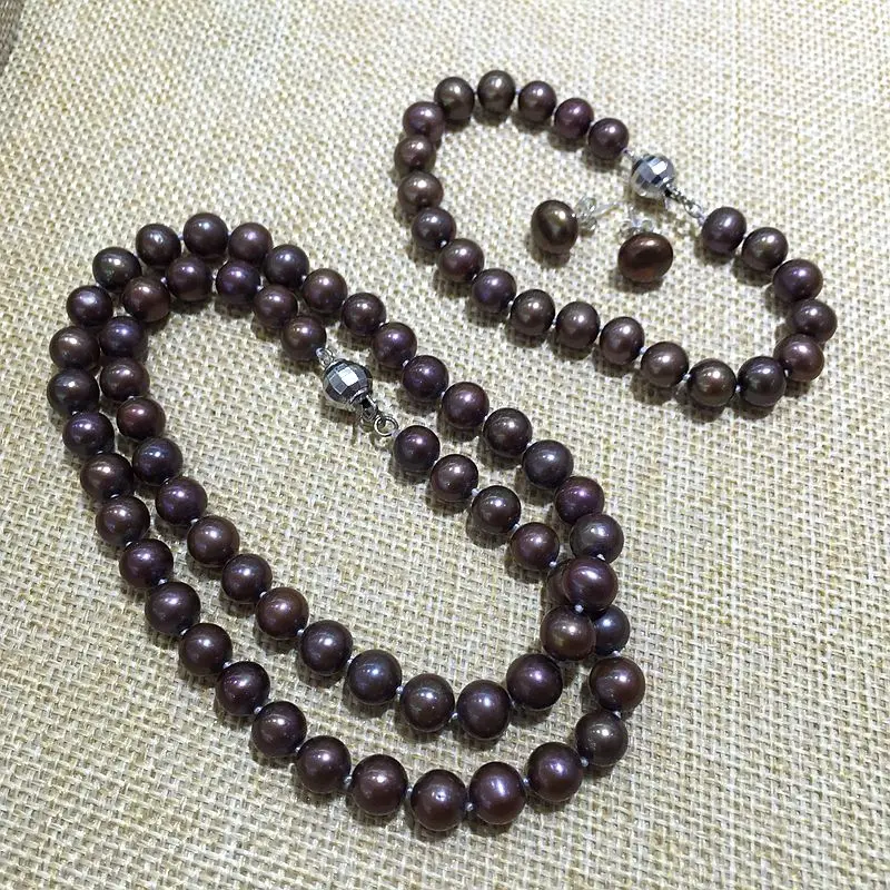 fine jewelry necklace bracelet earring set brown color good quality perfectly round 100% natural Cultured freshwater pearls