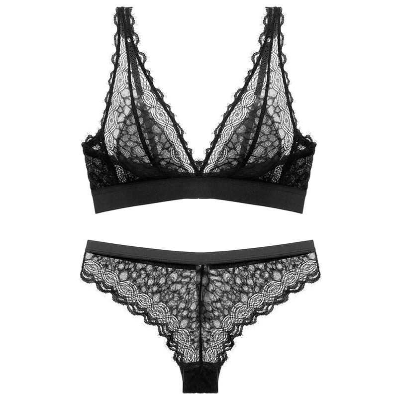 طقم ملابس داخلية مثيرة مع حمالة صدر للنساء ، ملابس داخلية فاخرة ، زخارف نباتية ، ملابس داخلية للفتيات الصغيرات ، شفافة ، دانتيل أخضر وأسود